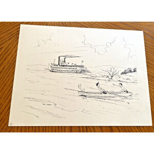 Tom Ward Steamboat Art Print Signed 1968 1960s Cartoon Like Black & White 9x12"